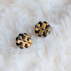 Tory Burch Gold Black Double T Logo Flower Stud Earrings